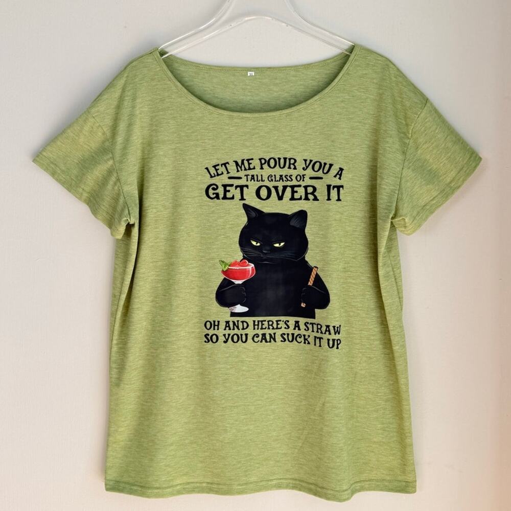 Sassy Black Cat Graphic Tee Cocktail Tall Glass Of Get Over It Green XL Humor